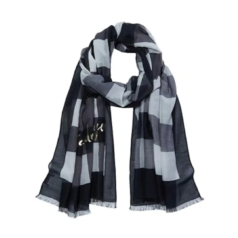 KATE SPADE PARTY PLAID SILK AND COTTON OBLONG SCARF BLACK WHITE 80” x 25” NWOT